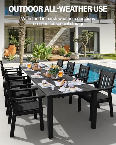 Image of YEFU HIPS Patio Table Set: 10 Piece Outdoor Table and Chairs Dining Furniture Set with Umbrella Hole - Black Modern Plastic Dining Sets 8 Person for Outside Deck with Metal Aluminum Frame