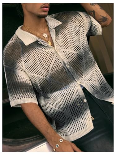 Verdusa Men's Hollow Out Colorblock Lightweight Sweaters Button Down Collared Knit Tops3