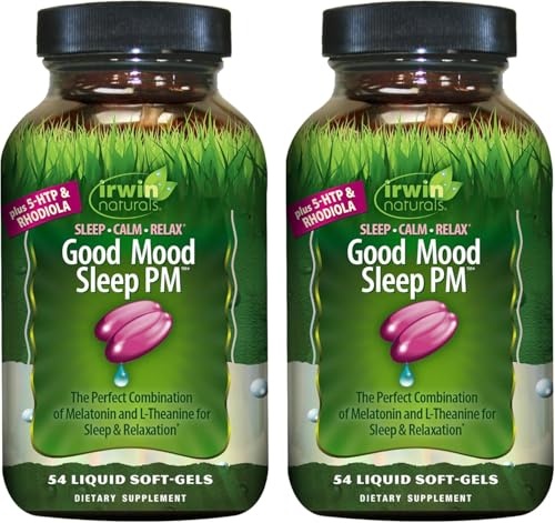 Irwin Naturals Good Mood Sleep PM – Melatonin, 5-HTP & Rhodiola with L-Theanine – Supports Sleep, Calm Mood & Relaxation – Nighttime Wellness Formula – 54 Liquid Soft-Gels - 2 Pack