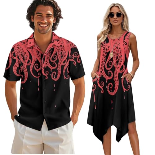 teeinprint Conjunto hawaiano a juego para hombre, camisas Aloha con botones, vestido sin mangas, acampanado, vestido sin mangas, Pulpo rojo, 5XL