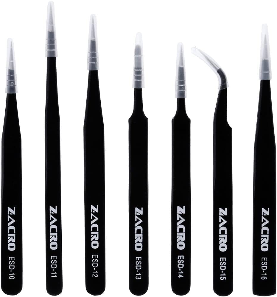 Zacro 7pcs Pince à épiler Acier inoxydable, Brucelles Antistatique/Pincette Antistatique ESD Pincette Pince de Précision pour Tous les Travaux Tins, Noir