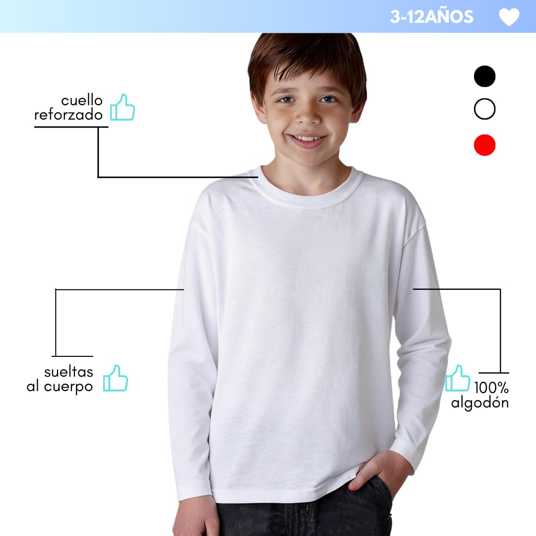 Camiseta Manga Larga Infantil 100% Algodón, 1 Unidad, Unisex, Cuello Redondo, Suave y Transpirable, Diseño Básico y Cómodo, Ideal para Uso Diario, Tallas 3-12 Años, Colores Variados — view 3