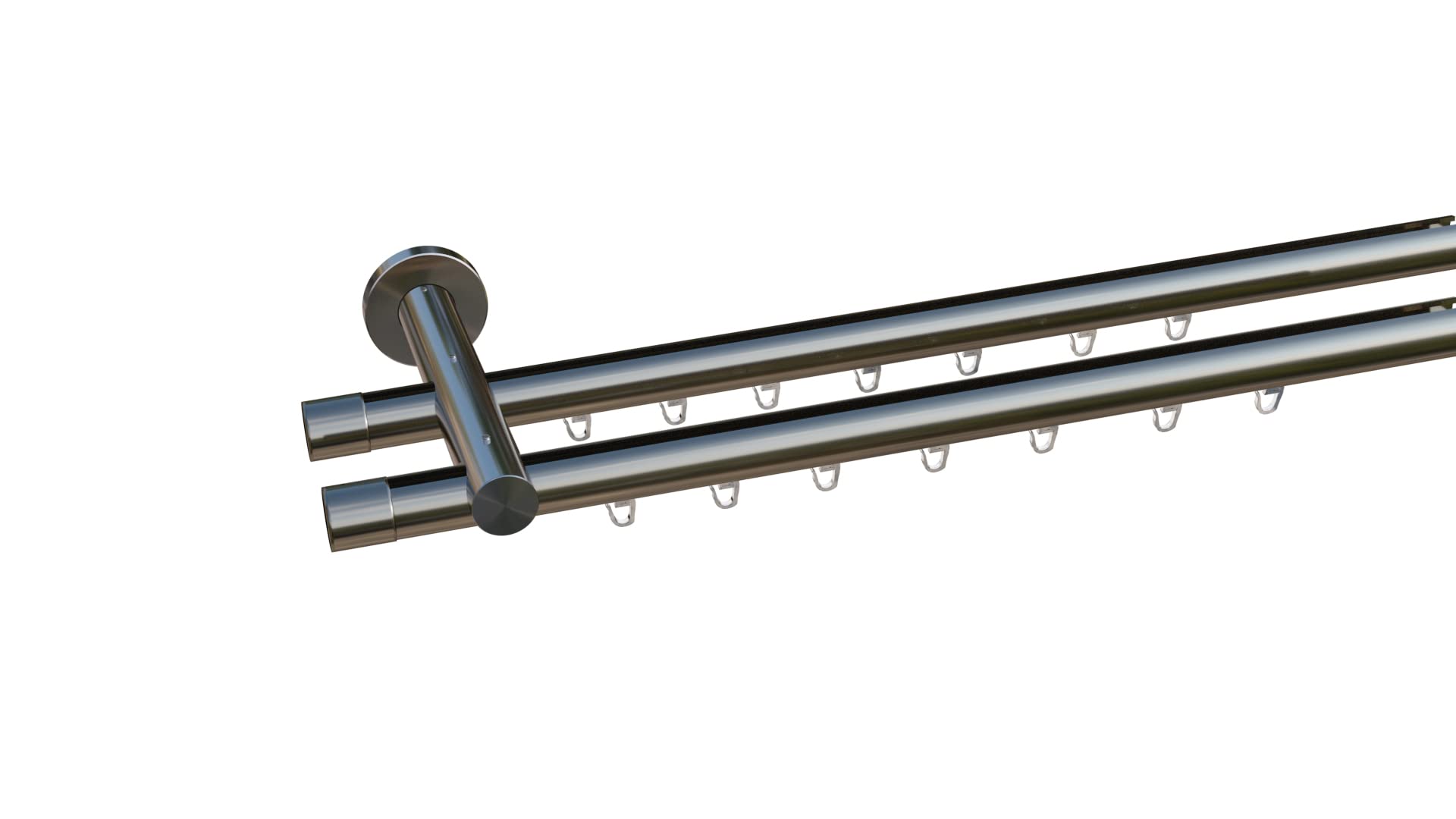 tilldekor Innenlauf Gardinenstange nach Maß, Andrax 2-läufig Edelstahl-Optik, 16mm Durchmesser, auf Maß gefertigt, 260 cm, inkl. Trägern und Endstücken
