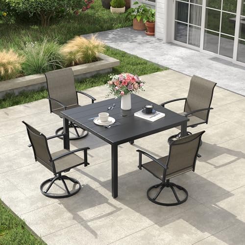 Image of VICLLAX Square Patio Dining Table for 4, Outdoor Patio Table with Umbrella Hole for Garden Lawn Deck Backyard, Black Tabletop