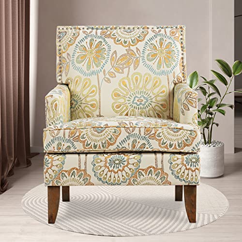 Sillón con respaldo ala floral color beige amarillo miniatura 3
