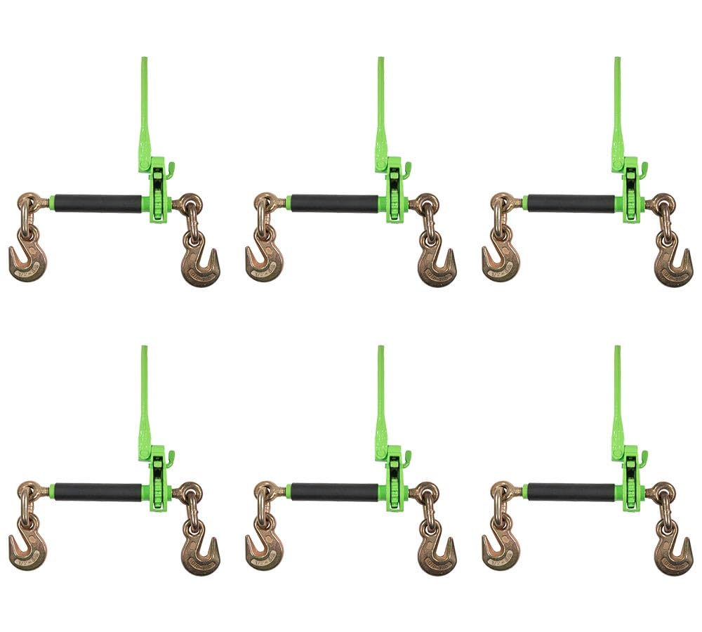 Mytee Products (6 Pack) 1/2" - 5/8" Hi-Viz Green Heavy Duty Folding Handle Ratchet Load Binder w/Grab Hook 18,100 lbs WLL | Tie Down Hauling Chain Binders for Flatbed Truck Trailer