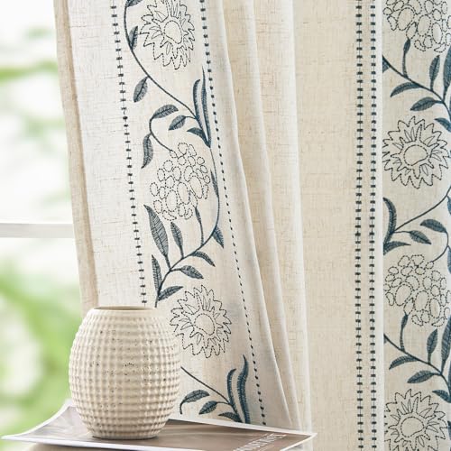 Image of jinchan Blue Floral Linen Curtains for Living Room 72 inch Back Tab 2 Panels