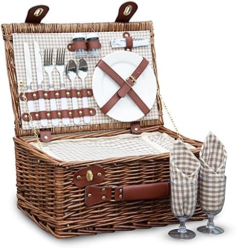 SatisInside Picnic Basket for 2 Wicker Picnic Set with Insulated Liner for Camping,Wedding,Valentine Day,Gift - Reinforced Handle, Coffee