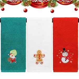 ORNACELE 3 Pack Large Size Christmas Hand Towels, 13.4 x 29.1 inch 100% Thick Cotton Christmas Kitchen Towels, Gingerbread Man Santa Snowmen Decorative Embroidery Holiday Bath Towels Sets