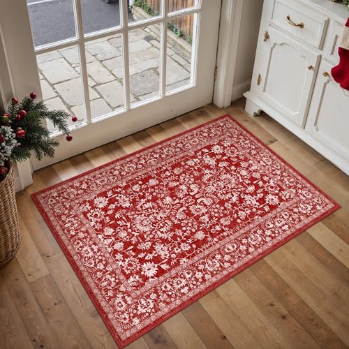 Christmas Area Rug 2x3 Red Washable Entryway Non Slip Small Carpet Holiday Door Mat Vintage Distressed Floral Accent Rug Low Pile Soft Thin Xmas Doormat for Bathroom Laundry Kitchen
