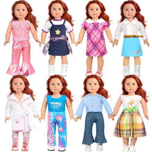 WONDOLL American 18-Inch Doll Clothes, 8 Sets Doll Clothing and Accessories for 18 inch Doll, Baby Doll Dress up Toys for Girls Kids