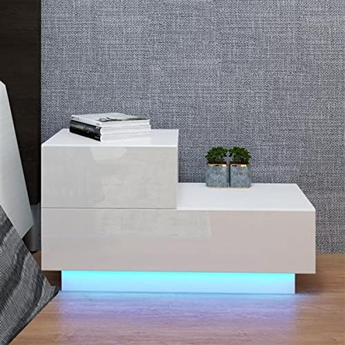 70 x 35 x 38CM Modern Bedside Table Side Bed Table for Bedrooms RGB Led Lights Nightstand with 2 Drawer, Side End Table Sofa Couch for Bedroom, Living Room, Accent Table, White
