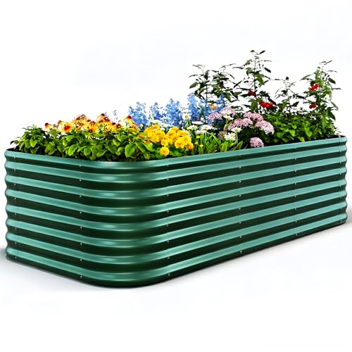 Quictent Galvanized Raised Garden Bed Kit, 8x4x2 ft Oval Metal Planter Box Tall for Vegetables Outdoor Backyard, Strengthened by Crossbar, Dark Green