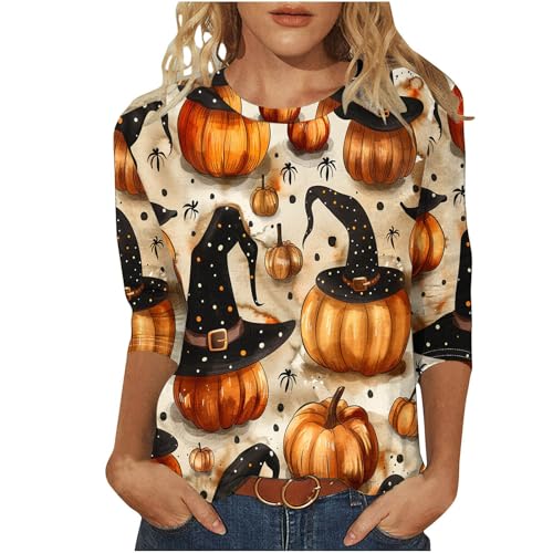 Halloween Shirts for Women 2024 Crewneck Classic Print 3/4 Sleeve Tops Cute Three Quarter Sleeve Tunic Cotton Tshirts