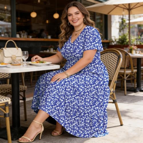 Image of Women's Plus Size Summer Dresses Floral Casual Tiered Midi Dresses V-Neck Short Sleeve Long Maxi Dress with Pockets