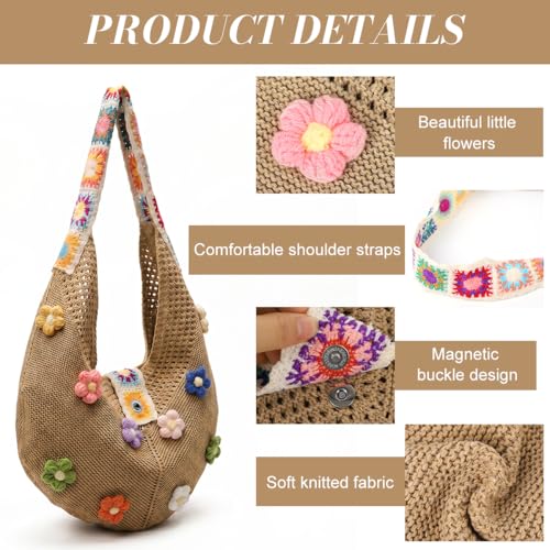 Image of PALAY Tote Bag for Woman Crochet Mesh Beach Shoulder Bags with Flower Brooch Summer Vacation Knitted Bag for Women Shoulder