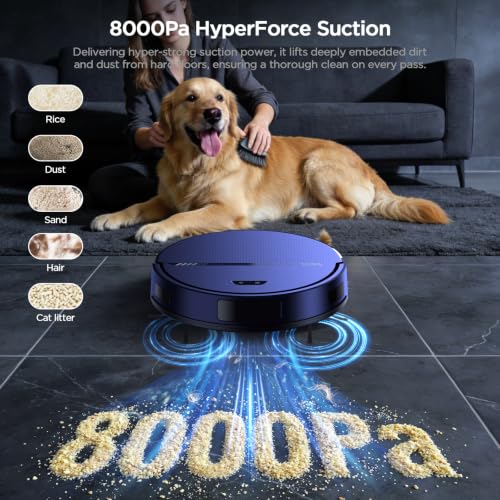 Image of Robot Vacuum and Mop Combo, 8000Pa Strong Suction 2 in 1 Vacuum Robot with Mopping, with Schedule, Wi-Fi /App /Remote, Self-Charging, Slim, Ideal for Hard Floor, Pet Hair, Low-Pile Carpet