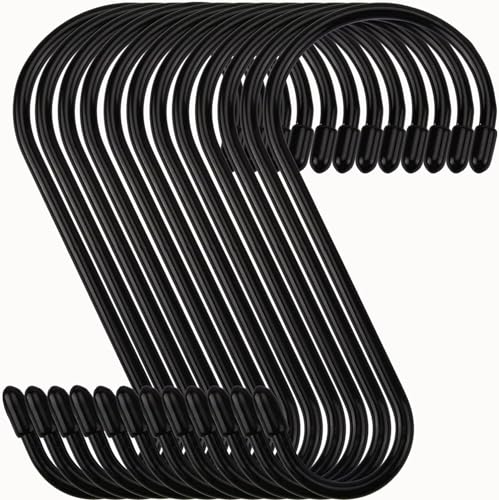 LH -12-Pack 6-Inch Heavy Duty S Hooks, Large Vinyl Coated S Hooks for Hanging Plants, Non-Slip Metal Hook for Hanging Cabinets, Gardens, Bird Feeders (Black)