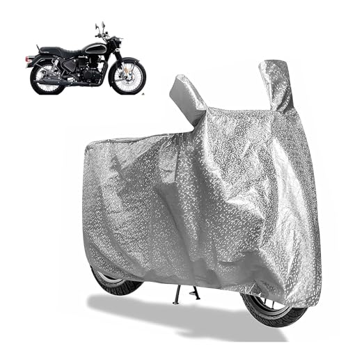 Image of Sulfar Bike Cover for Royal Enfield Bullet 350 (Standard /Military) | Waterproof, Dustproof & UV Protected | All Weather Two Wheeler Cover (Silver) New 2026 Variants