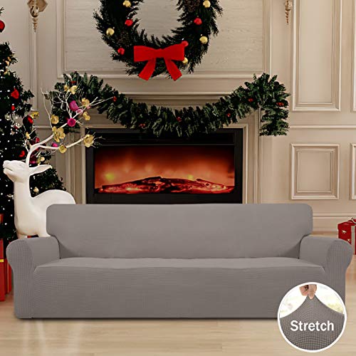 Image of Easy-Going Stretch 4 Seater Sofa Slipcover 1-Piece Sofa Cover Furniture Protector Couch Soft with Elastic Bottom for Kids, Polyester Spandex Jacquard Fabric Small Checks Taupe