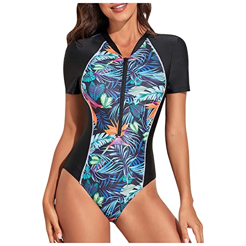 Bañador Natacion Mujer Traje de Baño Mujer Sexy 2024 Reductores Barriga Swimsuit Manga Corta Estampado Flores Bañadores Brasileño Menstrual Bañador Moldeador Surf Playa Tankinis(Negro,M)