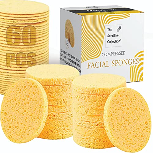 60-Count Compressed Facial Sponges, 100% Natural Cosmetic Spa Sponges for Facial Cleansing, Exfoliating Mask (Yellow Round)