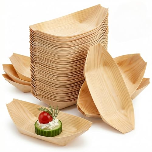 MIJOMA 60 cuencos de madera de pino para aperitivos, sostenibles y compostables, cuencos de madera para fiestas, buffet y catering