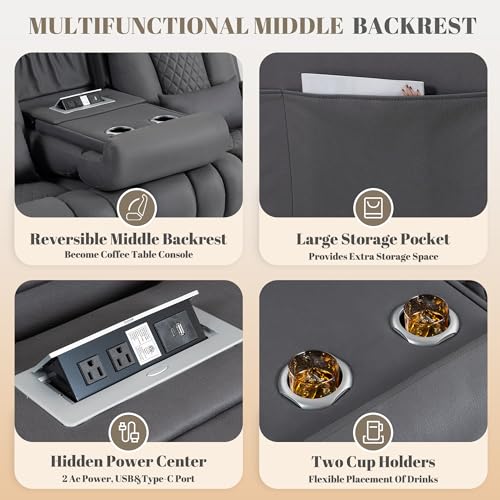 Image of Zero Wall Hugger Power Reclining Sofa Set with Adjustable Headrest, Electric Reclining Couch with Drop-Down Table,Outlets, Power Loveseat Recliner Sofa for Living Room (Gray, Sofa+Loveseat)