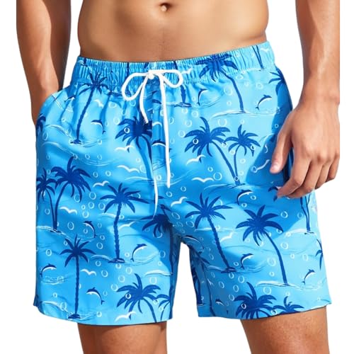MADHERO Mens Swim Trunks Vintage Floral Quick Dry Beach Shorts Bathing Suit with Mesh Lining Blue Palm Size L