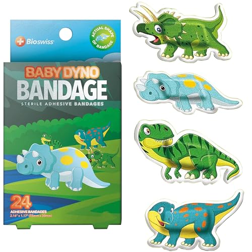 Image of BioSwiss Bandages, Baby Dino Shaped Self Adhesive Bandage, Latex Free Sterile Wound Care, 24 Count