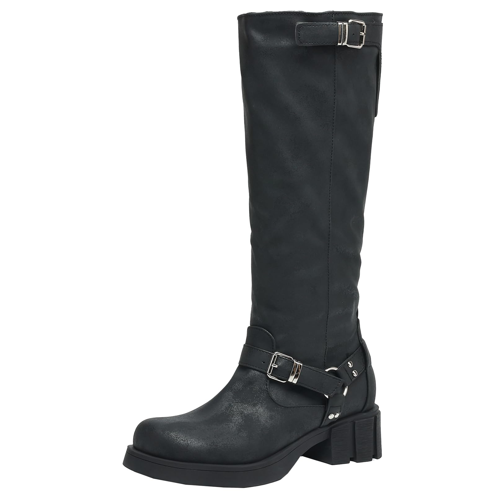 Damskie buty z okrągłym noskiem, długość do kolan, z niskim obcasem blokowym – buty rowerowe w stylu retro z detalami ze sprzączkami, aby podkreślić Twój zimowy strój