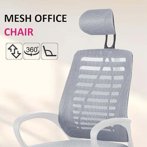 Image of Casa Copenhagen,Mesh Office Desk Chair,Rocking Ergonomic Computer Chair Adjustable High with Headrest and Comfortable Armrest Swivel- Jet Grey & White Handle