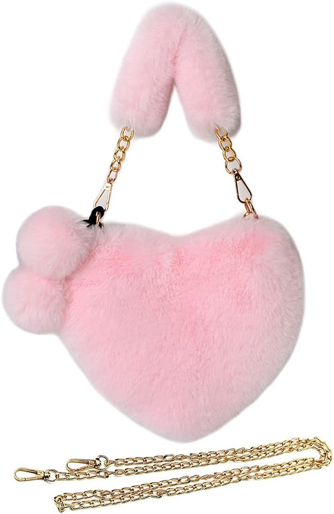 Rejolly Furry Purse for Girls Heart Shaped Fluffy Faux Fur Handbag for Women Soft Small Shoulder Bag Clutch Purse