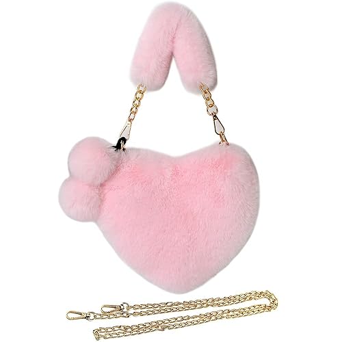 Rejolly Furry Purse for Girls Heart Shaped Fluffy Faux Fur Handbag for Women Soft Small Shoulder Bag Clutch Purse - Pink Light