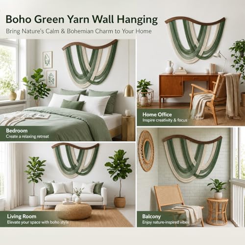 Image of HASTHIP Macrame Wall Hanging Green Dip Dyed Cotton Rope Tapestry Boho Wall Art Decor for Bedroom Living Room Nursery