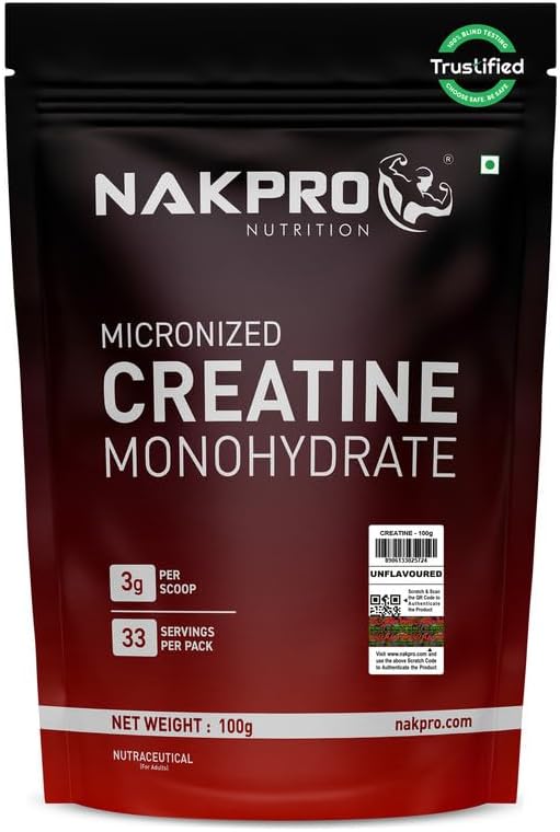 NAKPRO NUTRITION Micronised Creatine Monohydrate | 100g (33 Servings) | Unflavoured | Trustified Certified | Rapid Absorption Pre/Post Workout