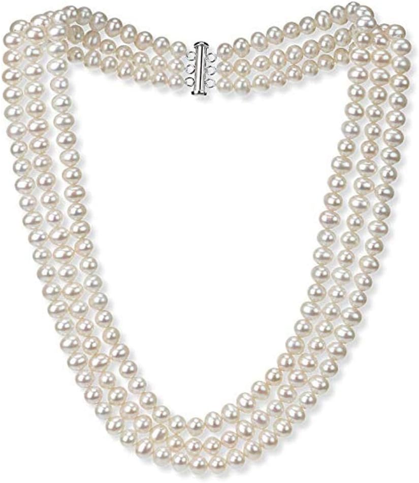 Womens White Pearl Necklace | Elegant And Classic AA Grade 7mm White Freshwater Pearl Necklace Three-Strand Necklace for women Girls Bridal Jewelry