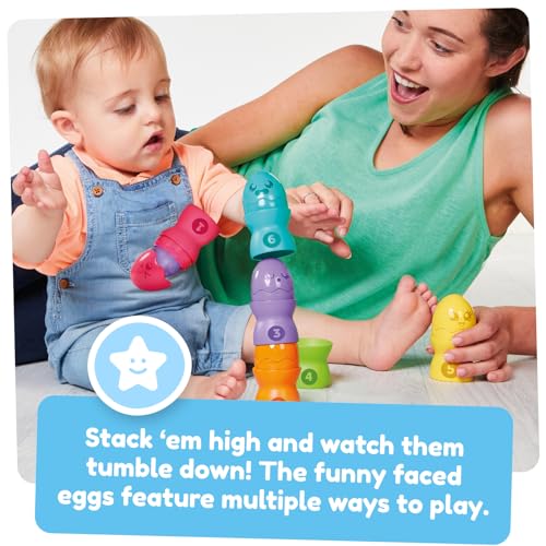 Image of Toomies Tomy Hide and Squeak Egg Stackers Baby Toy - Stacking Egg Cups with 3 Squeak and 3 Rattle Eggs - Shape Sorter Toddler Toys - Engaging Baby Sensory Toys - Baby Toys 6 Months Plus to 36 Months