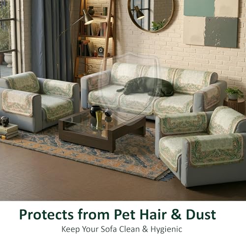 Image of Kuber Industries 5 Seater Sofa with Arm Cover | Velvet Slipcover for Living Room | Thick & Cozy | Non-Slip Comfort Sofa Cover Set | Digital Painting Juliet 1186 - Beige & Green