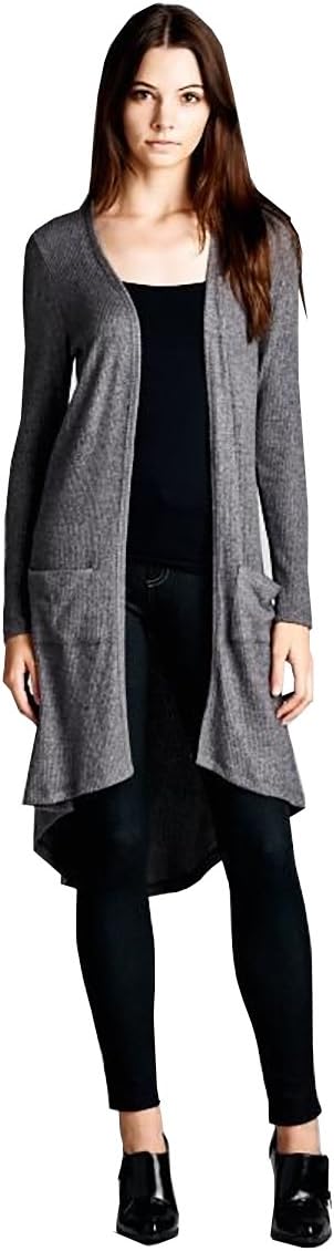 Normcoer Women's Fashion Long Sleeves, Open Closure, Hi-low Long Cardigan. (CRSHT15574-CHARCOAL-M)