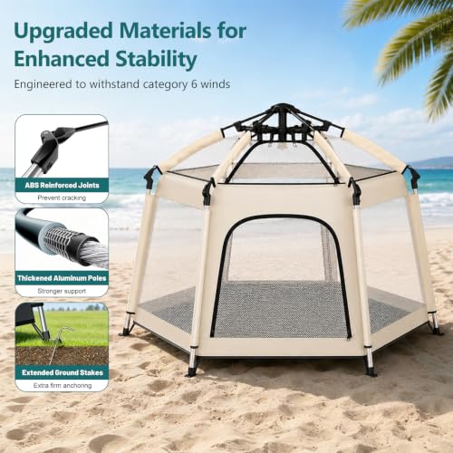 Image of Foldable Baby Playpen with Canopy: Durable 450D Oxford & Aluminum, Beige | Pop-Up Play Tent, Easy Setup, UPF50 Sun Protection, Lightweight, Mosquito Net, for Beach Travel Outside Indoor, for Kid & Pet