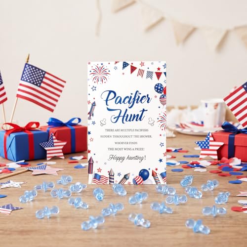 Image of Thyle 51 Pcs 4th of July Pacifier Hunt a Little Firecracker is on The Way Patriotic Baby Shower Games 250th Red White and Blue Hunt Sign and 50 Acrylic Pacifiers for Independence Day Party Decoration