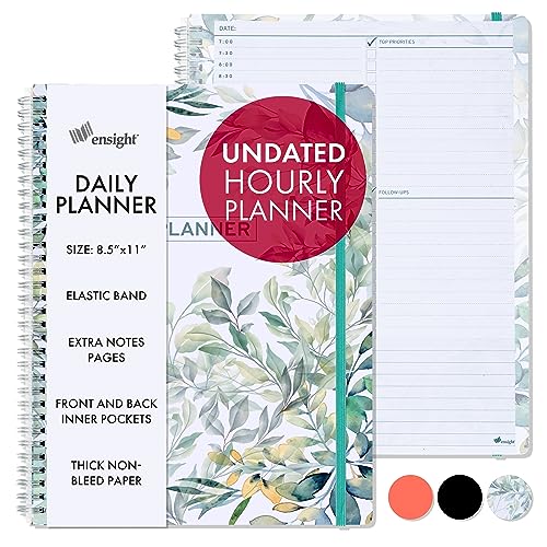 Ensight Undated Daily Planner 8.5 x 11 with 200+ daily pages for Organization – Spiral Planner with hourly schedule for Daily Tasks & Appointments – Daily Planner Undated notebook (floral)