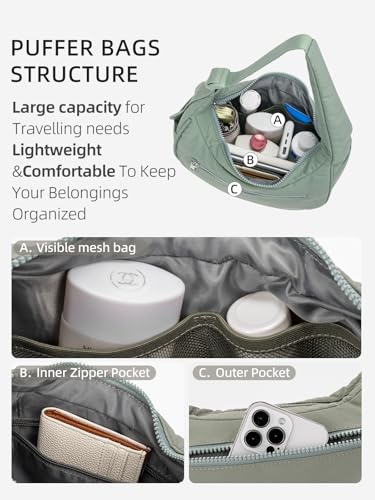 Image of WESTBRONCO Small Puffer Crescent Shoulder Bag for Women, Nylon Quilted Shoulder Purses, Puffy Handbags with Adjustable Strap
