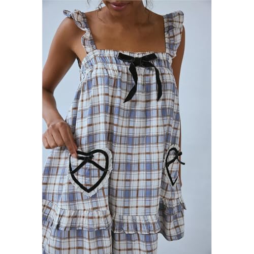 Image of HOXIJIA Women Cute Floral Printed Mini Dress Sleeveless Bow Front Loose Ruffled Short Dress Summer Gingham Babydoll One Piece