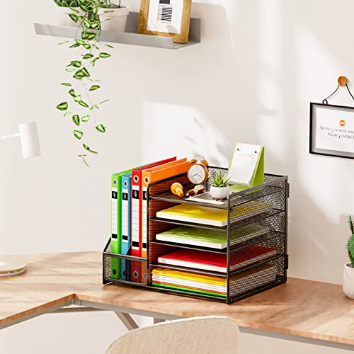 Marbrasse Desk Organizer with File Holder, 5-Tier Paper Letter Tray Organizer, Mesh Desk Organizers and Accessories with Magazine Holder, Desktop Storage for Office Supplies (Black) - Image 3