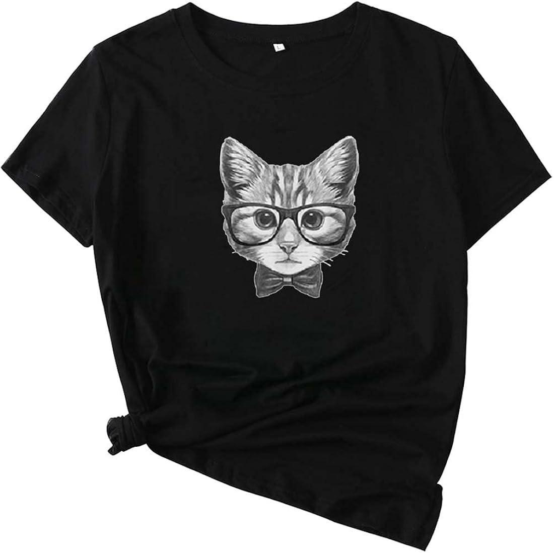 Mikialong Cute Cat Shirt Women Wearing Glasses Bow Tie Cat Graphic Tee
