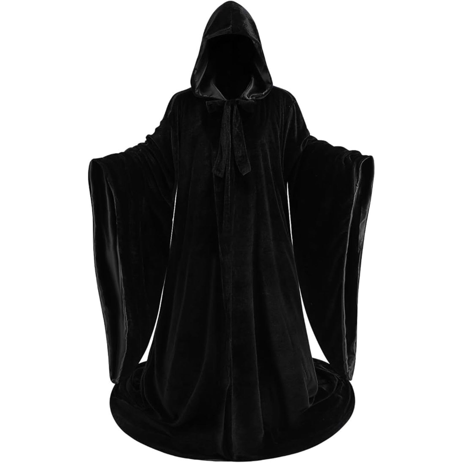 RRCBMD Black Robe with Hood Black Wizard Robe Mens Wizard Cloak with Sleeves Halloween Cape for Men (Black-170CM)