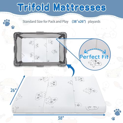 Image of Trifold Pack and Play Mattress 38 inchx26 inch, Double-Layer Pack N Play Mattresses for Baby Toddler with Waterproof Washable Breathable Cover, Portable Mini Crib Mattress for Playpen