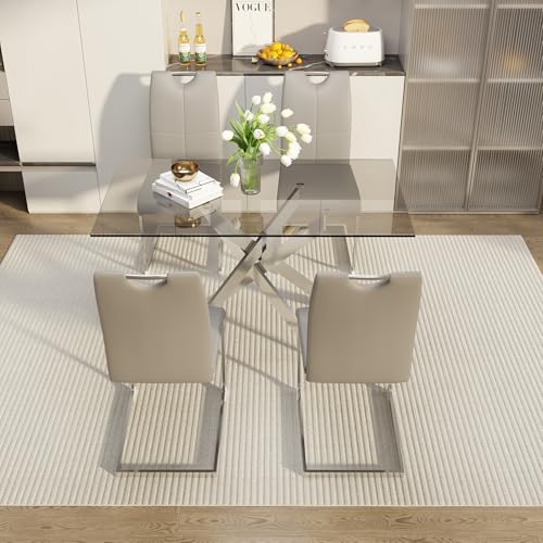 51.18" W Glass Dining Table Set for 4, Modern Rectangular Glass Kitchen Table with Sliver Metal Legs, 4 PU Leather Chairs with Silver Legs, for Dining Room, Home - Light Grey - Image 3